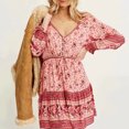 thumbnail image 5 of Vestido mini de manga larga con farol de TEELYNN para mujer, estilo bohemio, con estampado floral rosa de rayón vintage, cuello en V y cintura ajustable para otoño 2024, 5 of 5