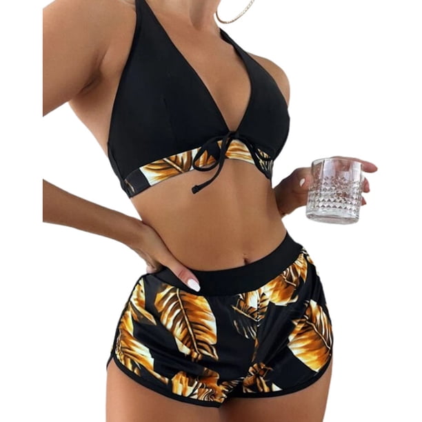 Askfv Traje de baño para mujer conjuntos de Bikini de 3 piezas conjuntos de Bikini con Tanga conjuntos de trajes de baño cortos de cintura alta con tirantes cruzados para mujer Askfv Bikini
