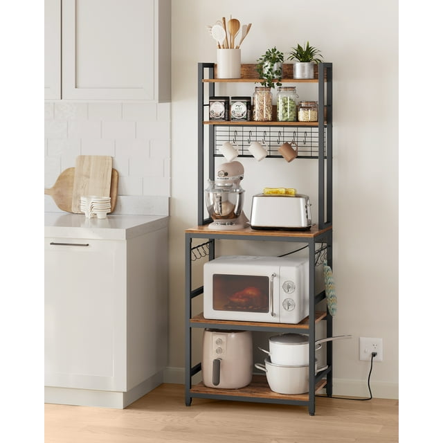VASAGLE Bakers Rack with Power Outlet, Microwave Stand, Kitchen Tall Utility Storage Shelf, with Metal Wire Panel, 14 Hooks, 40 x 60 x 170 cm, Rustic Brown and Black