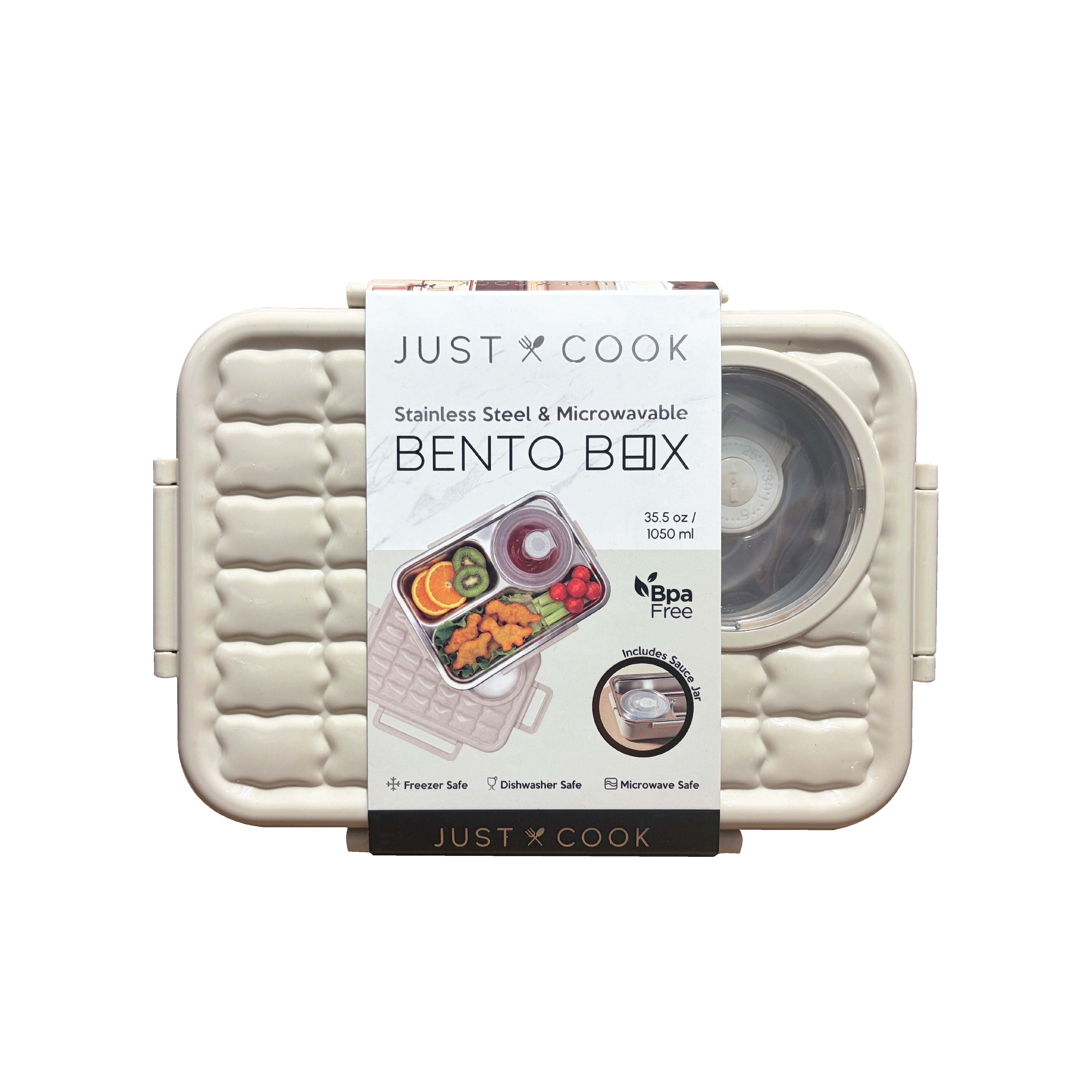 Just Cook Microwave Safe Stainless Steel Bento Box with Sauce Jar 1050 ml (Coconut Milk)
