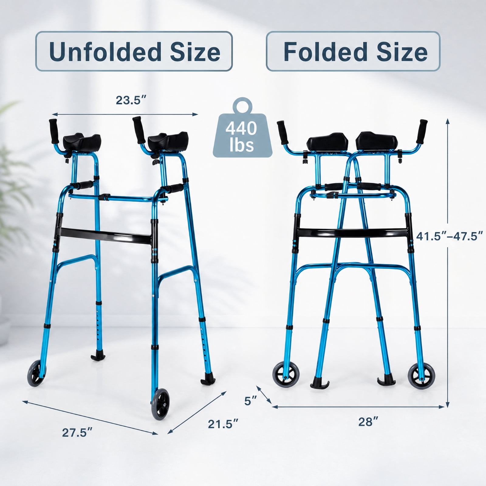 SUGIFT Folding Adjustable Walking Frame with Wheels and Armrest Support, Lightweight Aluminum Mobility Walker with Padded Forearm Rests for Seniors, Navy