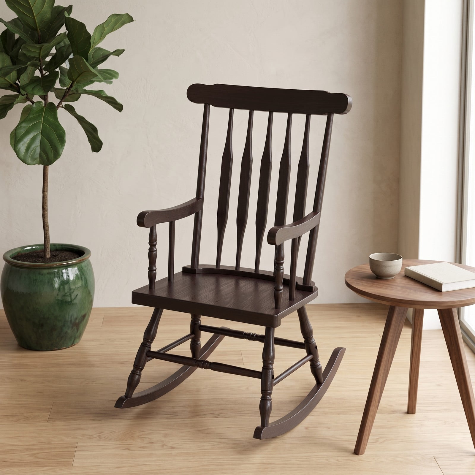 Furnibear Rocking Chair with Solid Rubber Wood Frame and Classic Spindle Back for Indoor Living Room, Front Porch and Patio, Brown