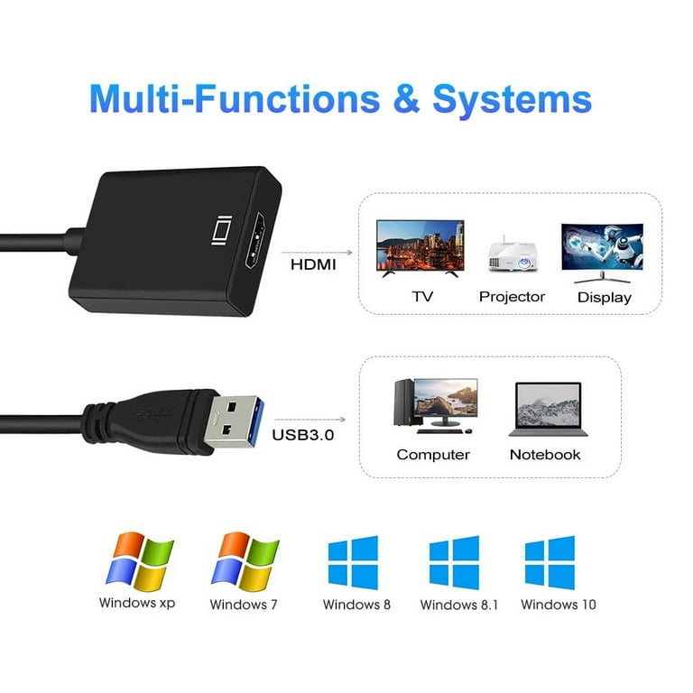 USB to HDMI Adapter, USB 3.0/2.0 to HDMI Cable Multi-Display Video  Converter- PC Laptop Windows 7 8 10,Desktop, Laptop, PC, Monitor,  Projector