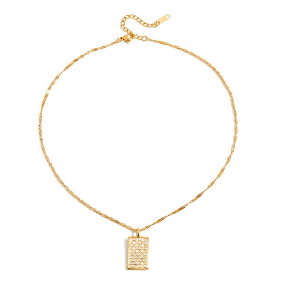 Stainless Steel Delicate Cubic Zirconia Square Pendant Necklace New Checkerboard Bling Fashion Jewelry for Women