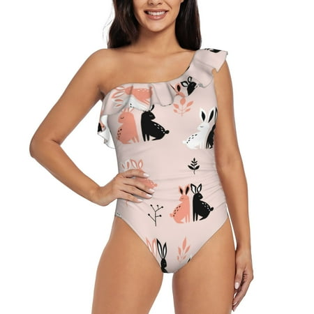 Qokaie White And Black Rabbit Print Women s One Piece Swimsuits Tummy Control Bathing Suits Asymmetric One Shoulder Swimwear-Small