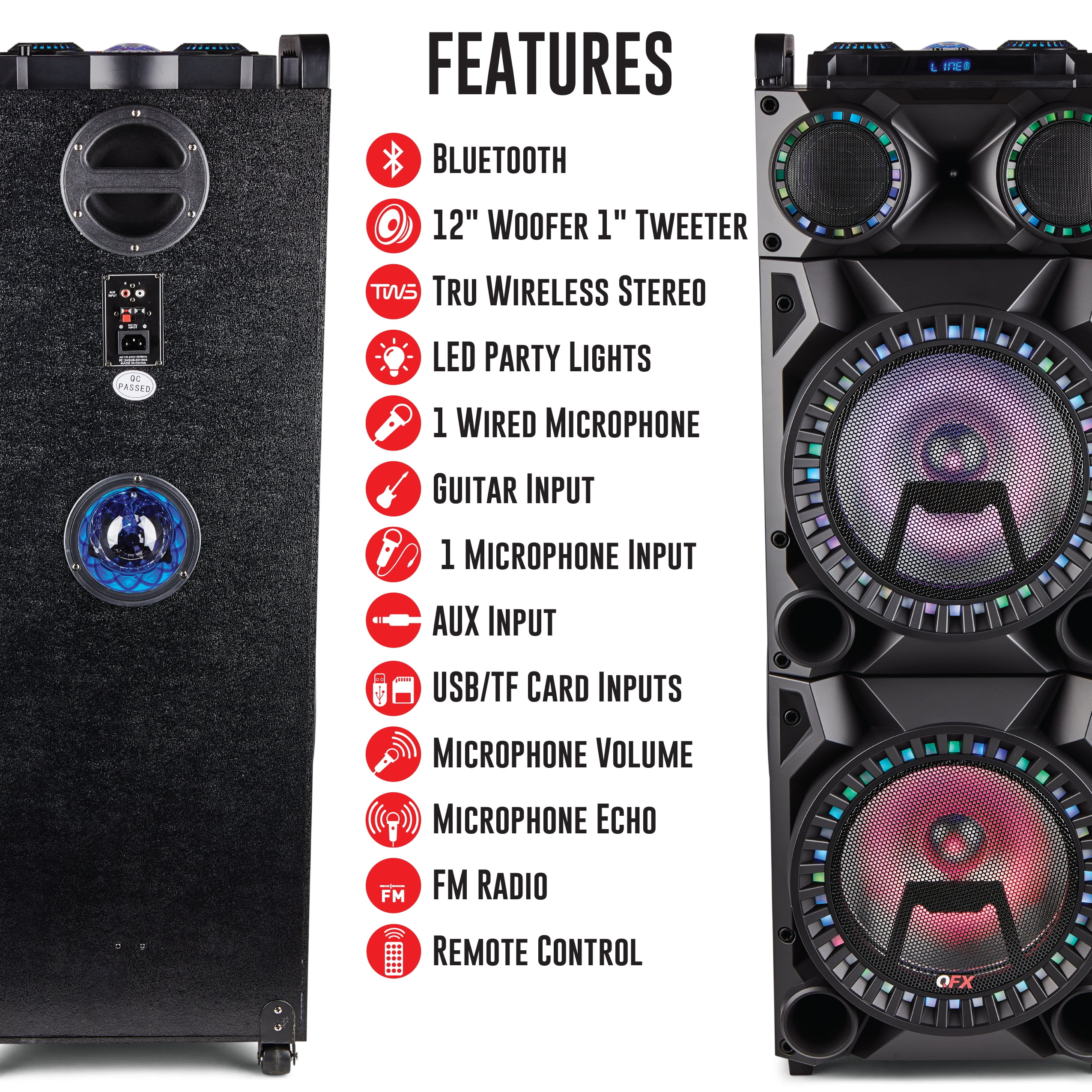 Pre-Owned QFX PBX-1215 Dual 12" Floorstanding Bluetooth Speaker with Party Lights, Includes Microphone, Black