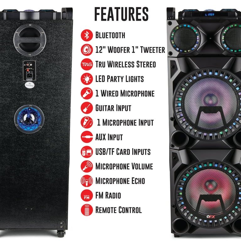 Qfx bluetooth party speaker with best sale fm radio & lights