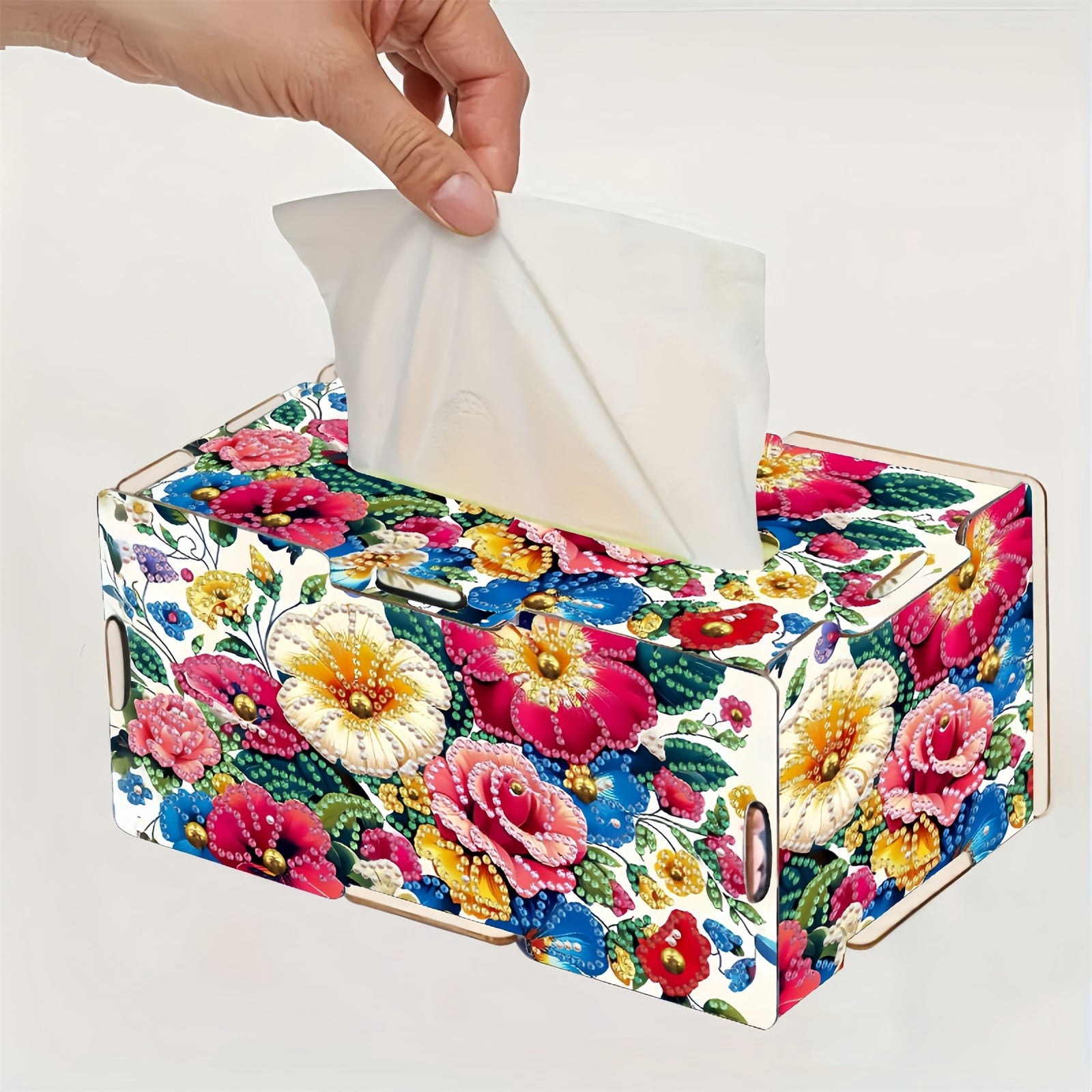 FLOPESN DIY Diamond Art Painting Wooden Assembly Paper Box, 8.86*5.31in, Creative Design Table Decor Rectangular Paper Towel Storage Box-2PCS Flowers-1