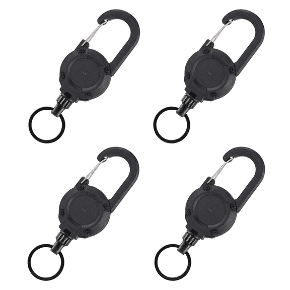 ROSEXIXI Heavy Duty Retractable Keychain, 4-Pack Black 24" Steel Wire Lanyard - Tactical Carabiner Key Chain for Camping, Hiking, Fishing, Anti-Theft Phone Tether and More