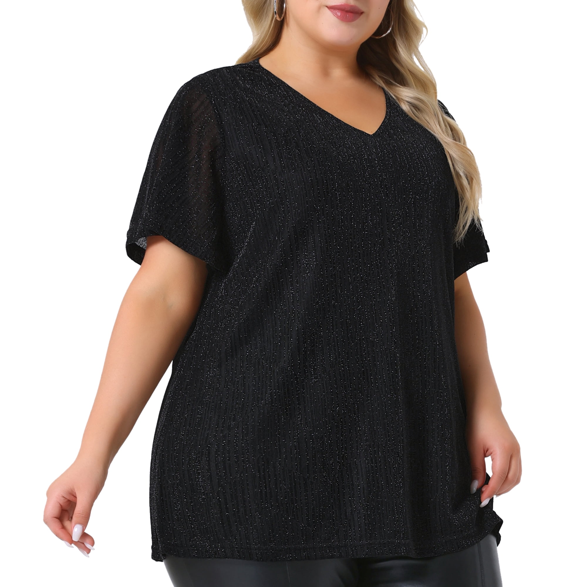 Women's Plus Metallic Tops V Neck Short Sleeve T-Shirt Party Top Glitter Blouses 3X Black