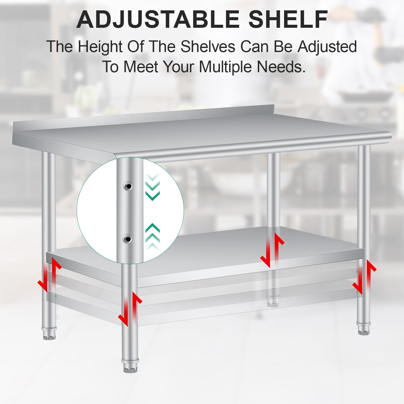 Stainless Steel Prep Table with Backsplash - Adjustable Undershelf - Commercial Kitchen Worktable for Restaurant, Home, Outdoor - Size 60x24 Inch