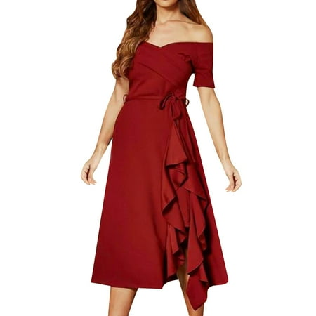

B91xZ Night Out Dresses For Women Women s Unsymmetrical Mid Length Dress With Shoulder Corset Womens Plus Size Dresses Red Sizes XXL