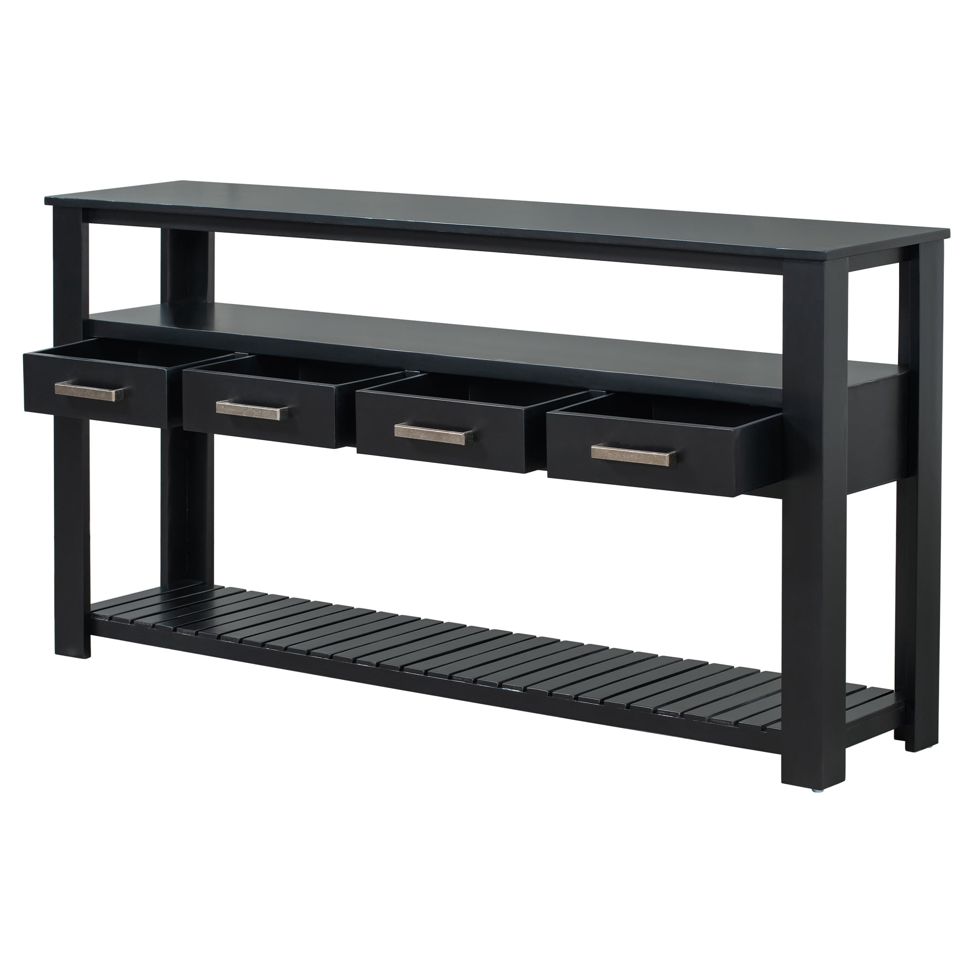 Euroco 61.5" Large Console Table, Modern Wood Entryway Table Sofa Table with 3-Tier Open Shelves & 4 Drawers for Living Room, Hallway, Foyer, Black