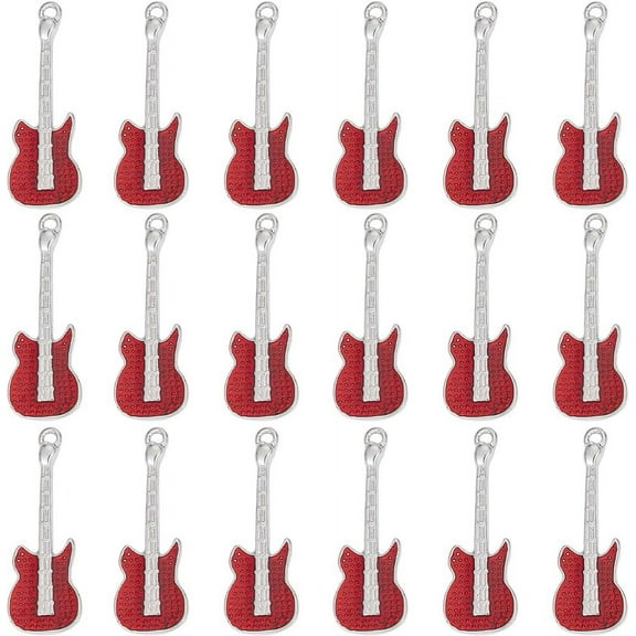 1 BOX 20PCS Guitar Charms Bulk Music Instruments Charms Alloy Silver Red Enamel Metal Mini Cute Musical Elements Charm