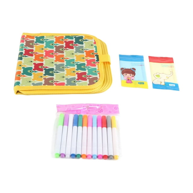 Libro de dibujo reutilizable de 14 páginas, libro de garabatos de juguete borrable portátil con 12 bolígrafos de acuarela para niños