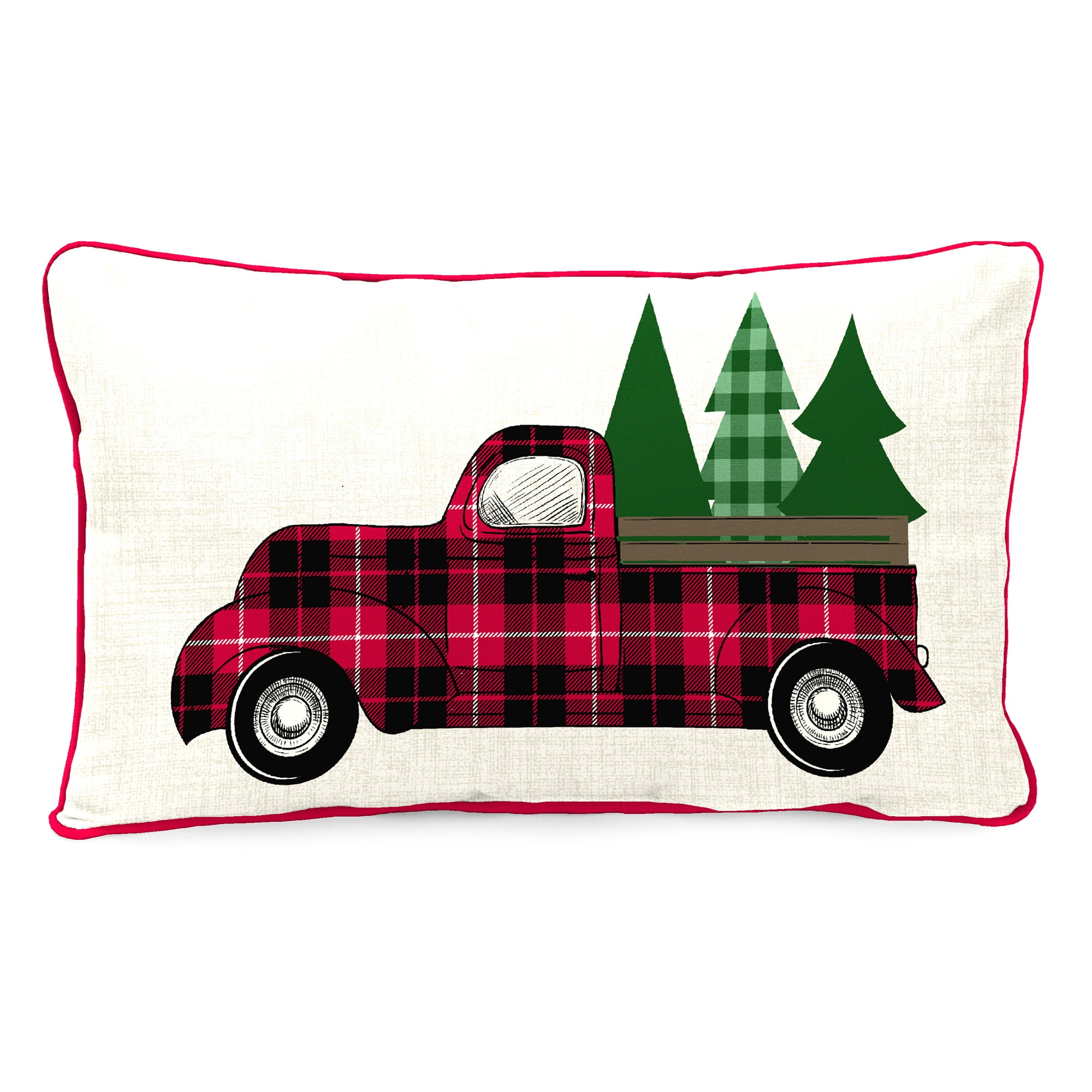 Jordan Manufacturing 12" x 16" Christmas Tree Truck White Novelty and Red Solid Reversible Rectangular Outdoor Lumbar Throw Pillow with Welt (2-Pack)