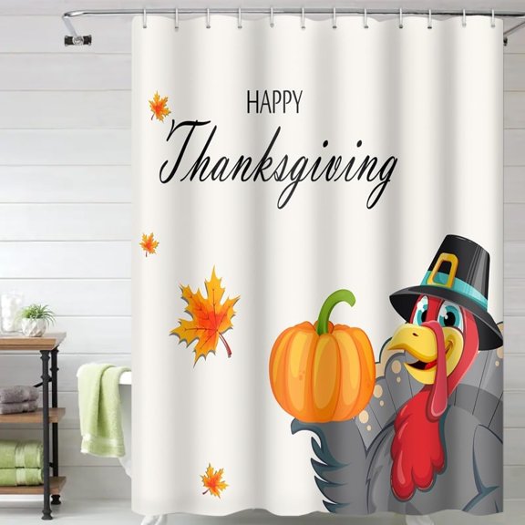 Happy Thanksgiving Shower Curtain Cartoon Turkey Fall Pumpkin Maple Leaf Shower Curtains Fall Bathroom Set Holiday Bath Bathtub Decorations Waterproof Polyester Fabric with Hooks, 72x72 Inch