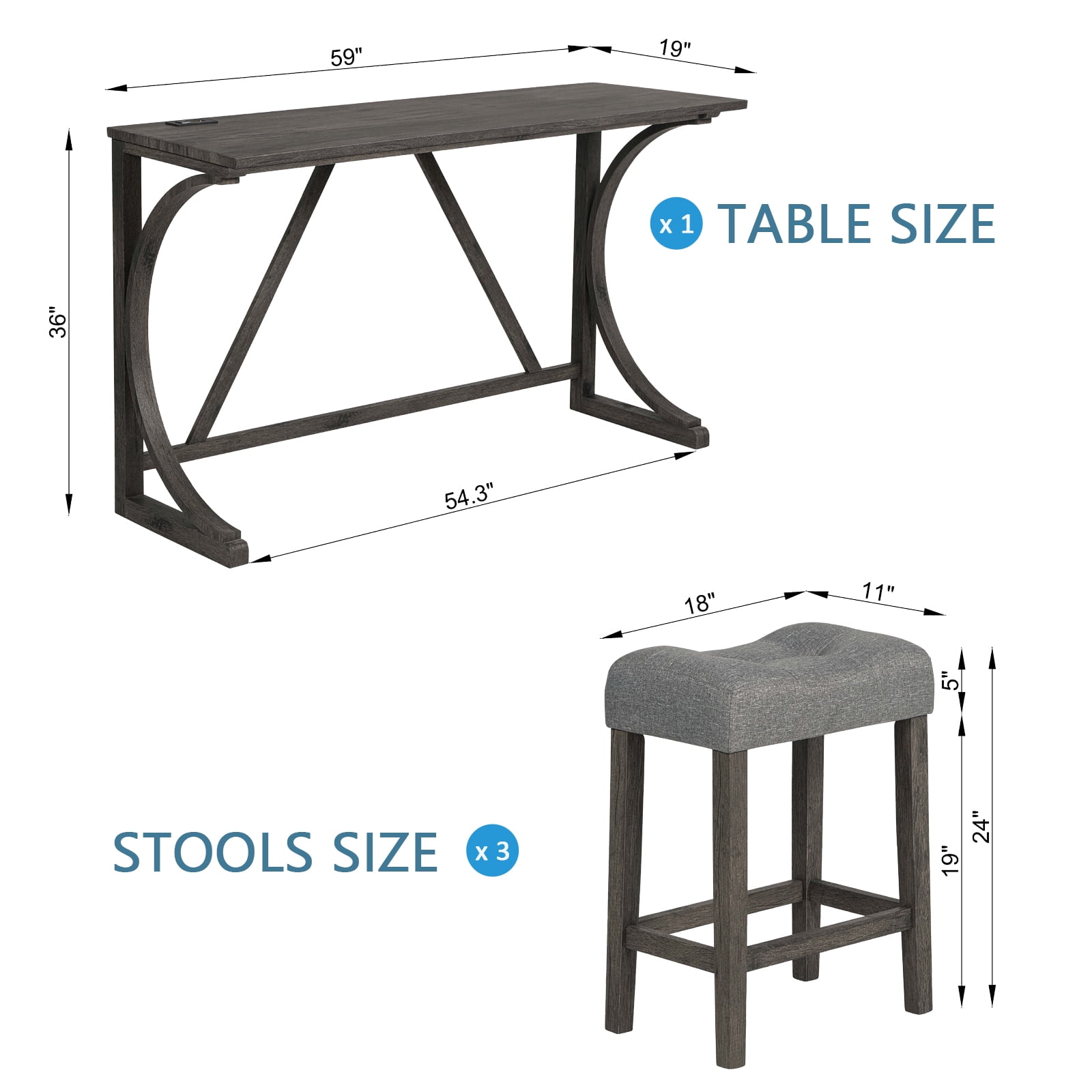 Aukfa 4-Piece Bar Table and Chairs Set with Power Outlet, Dining Table Set with Padded Stools for Living Room, Dining Room, Gray