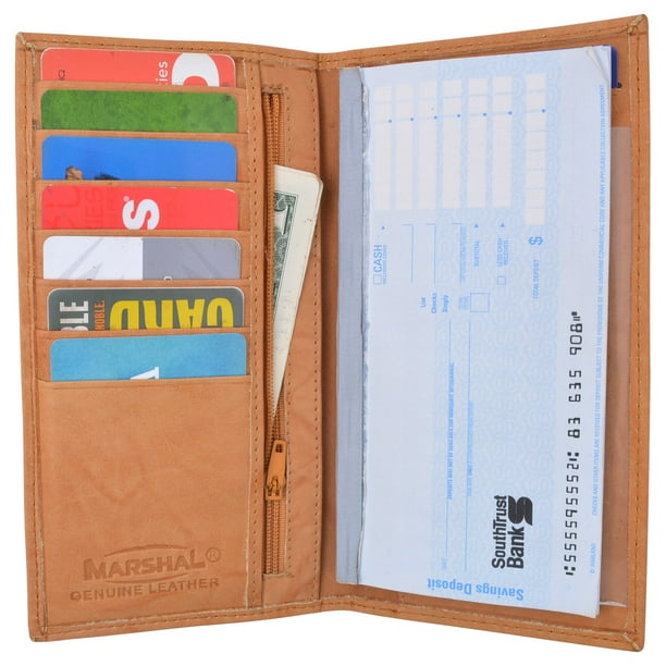 Genuine Leather Checkbook Cover Register Holder Slim Wallet for Men
