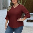 thumbnail image 6 of Otntypg Plus Size 3/4 Length Sleeve Womens Tops Summer Loose V-Neck Eyelet T-Shirts Dressy Casual Ruffle Sleeve Textured Tunic Blouses Wine XXXXL, 6 of 9