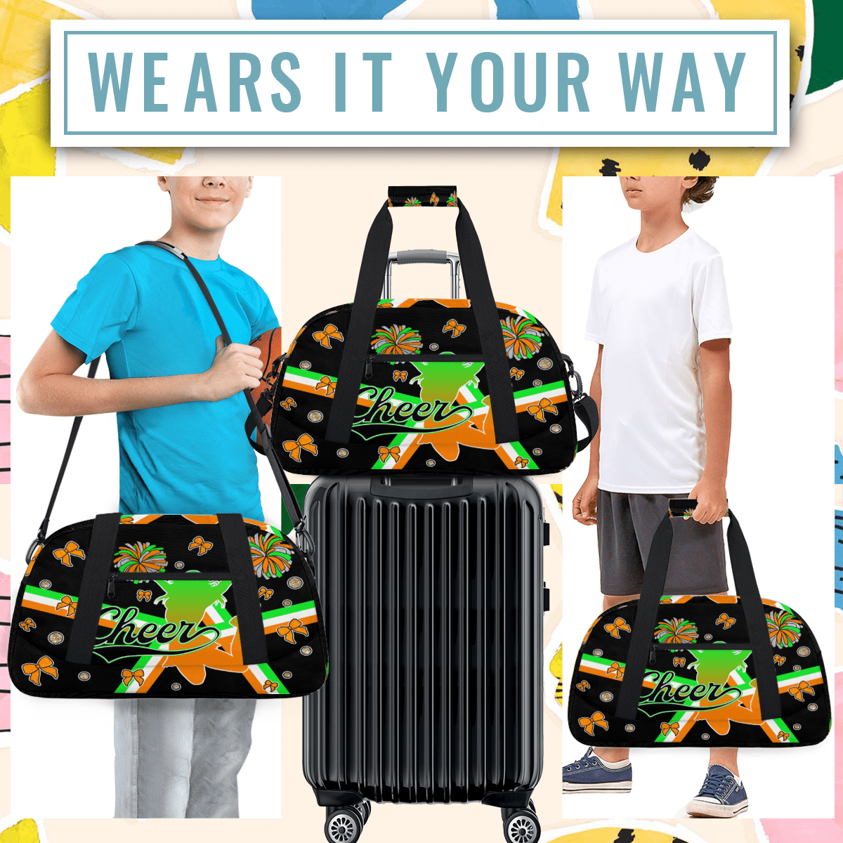 Herdesigns Cheerleader Bags Overnight Duffel Bags Cheer Green Orange Sport Gym Bag Travel Bag Travel Waterproof Weekender Bag Carry On Travel Tote Bag Dance Bags