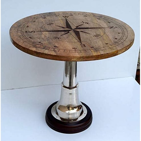 Compass Style Designer Rounder Wooden 24" Table Metal Wood Base Home Hotel Restaurant & bar Luxury Furniture Decorative (24" Compass Style)