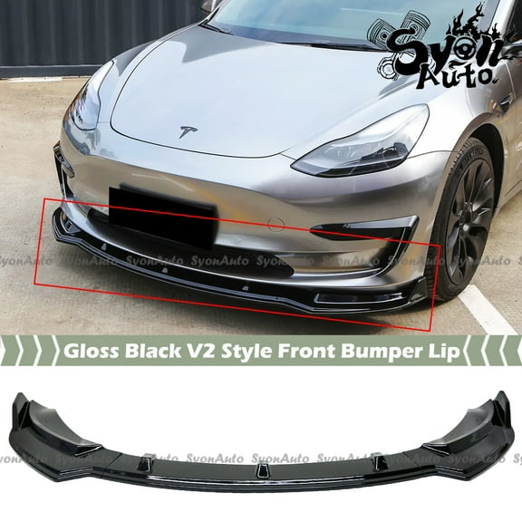 FITS 2017-2024 TESLA MODEL 3 GLOSSY BLACK 3PC V2 STYLE FRONT BUMPER LIP SPLITTER