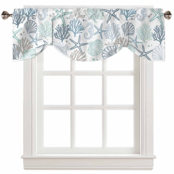 Fsddascl Aqua Teal Coastal Tie Up Valance Curtains for Windows, Kitchen Curtains Window Treatments, Summer Beach Starfish Coral Nautical Short Window Shades Valances for Bedroom Bathroom Cafe 54"x18"