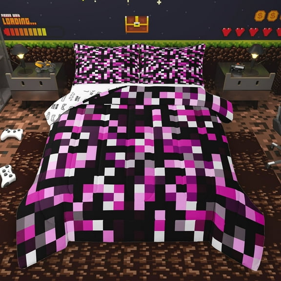 Manfei Abstract Pixel Bedding Comforter Set,Minimalism Geometric Checkered Twin Comforter Sets,Pink Black Bedding Set For Girls Boys,Super Cozy Room Decor Reversible,2 Pieces
