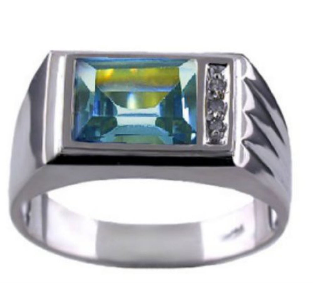 Mens Simulated Aquamarine & Diamond Ring 14K White Gold Band by Elie Int.