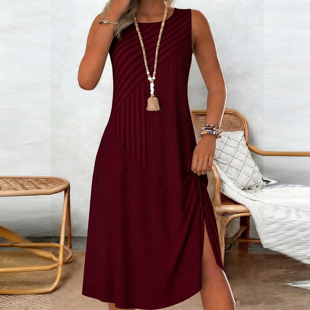 Asdoklhq Graduation Dress Plus Size Summer Leisure Splicing Sleeveless Round Neck Loose Comfortable Wine 2X, Women's, Size: 2XL, Red