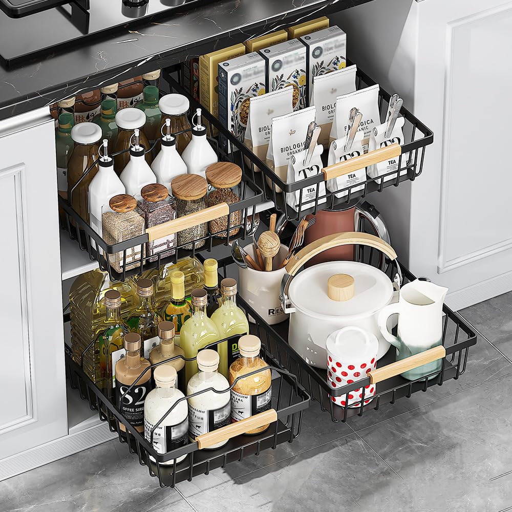 Sturdy Slide-Out Black Storage Basket - Easy Carry Pull-Out Cabinet Organizer with 2 Iron Wires - Durable Mesh Drawer Shelf for Kitchen or Pantry
