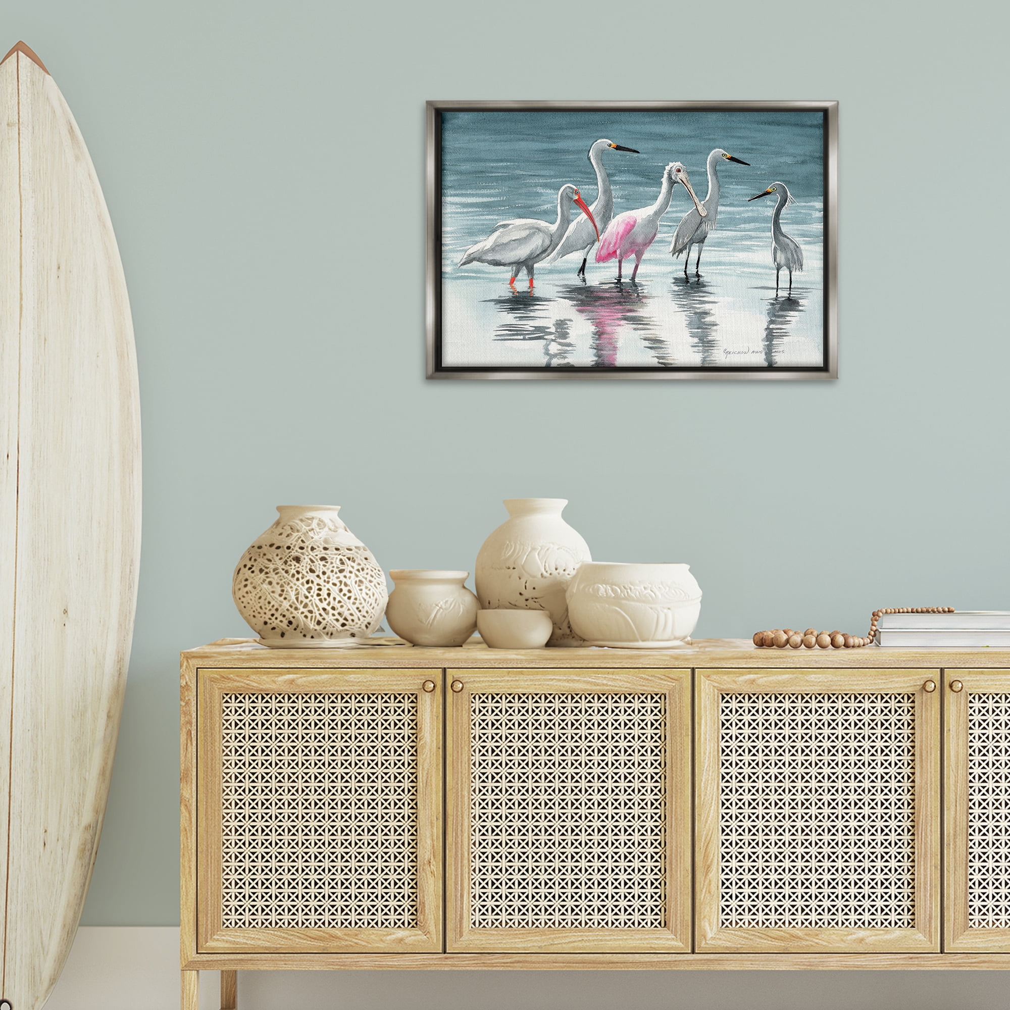Stupell Industries Herons Stepping in Shore Animals & Insects Painting Gray Floater Framed Canvas Art Print Wall Art, 31 x 21