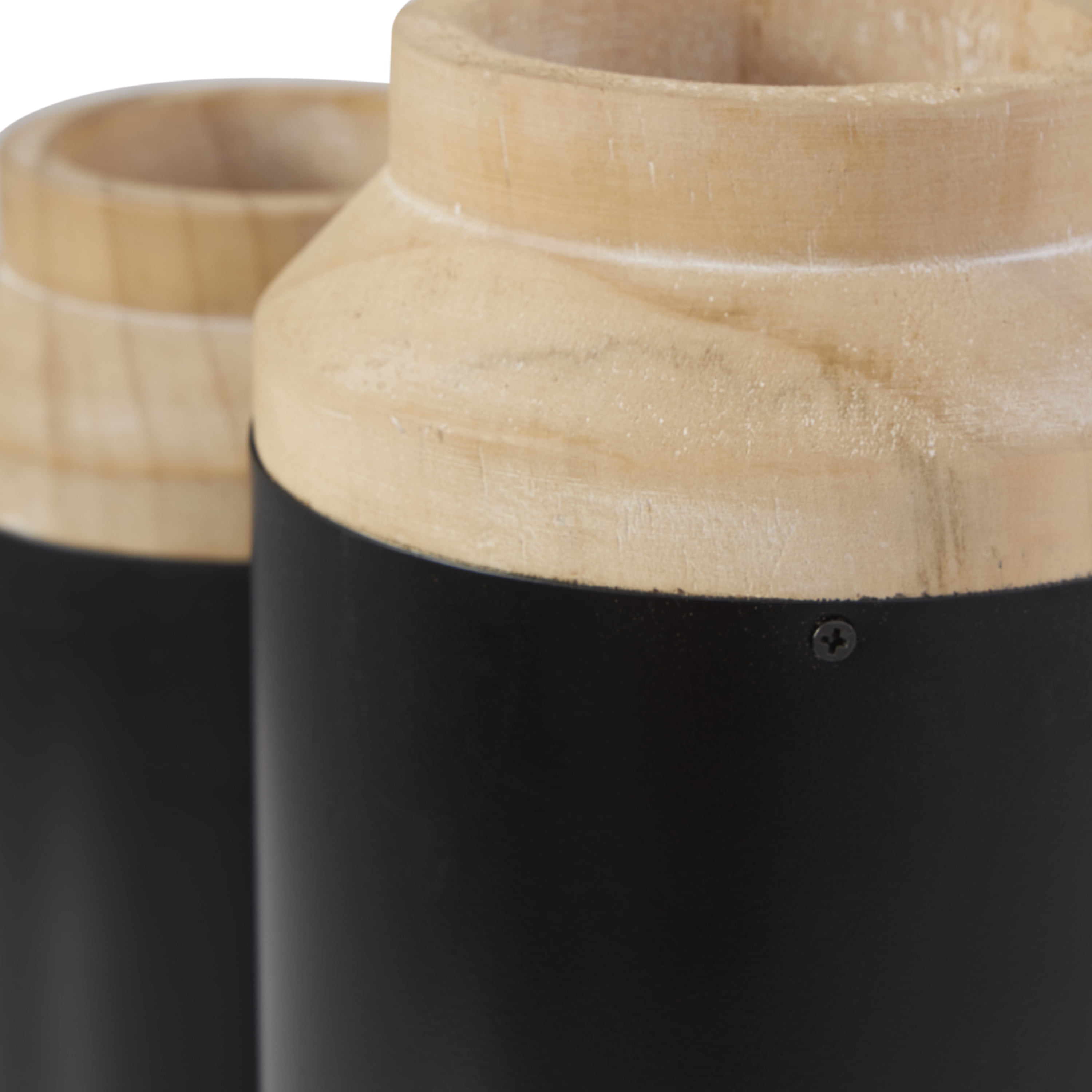 DecMode 12", 10"H Colorblock Black Wood Vase with Light Brown Wood Tops, Set of 2