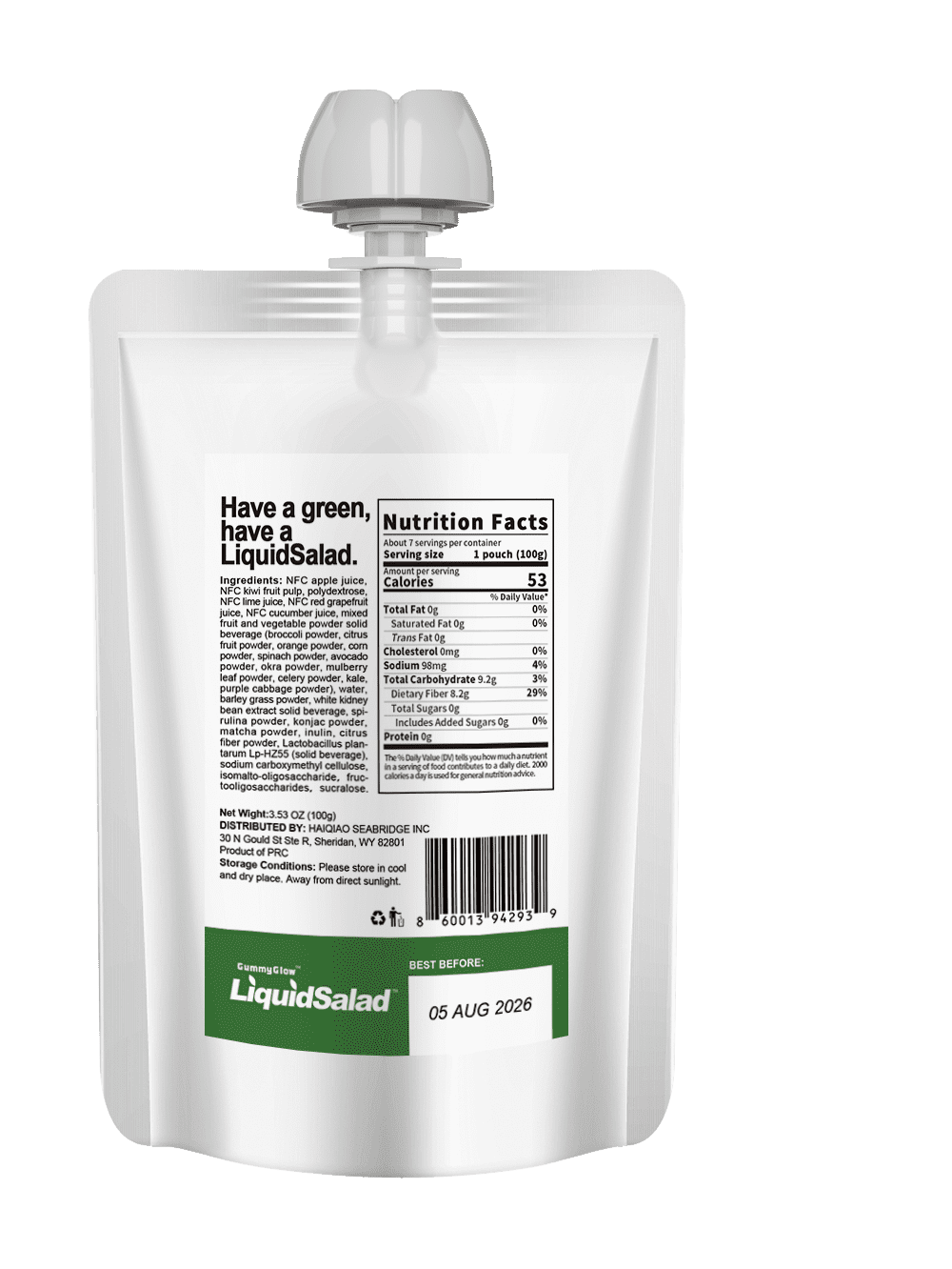 Liquid Salad 16 Fruits & Vegetables Juice Superfood Smoothie Pouches Assorted Ready-to-Eat Salad with dietary fiber & Prebiotic Wholesome Vegan Snack 7 Pouches