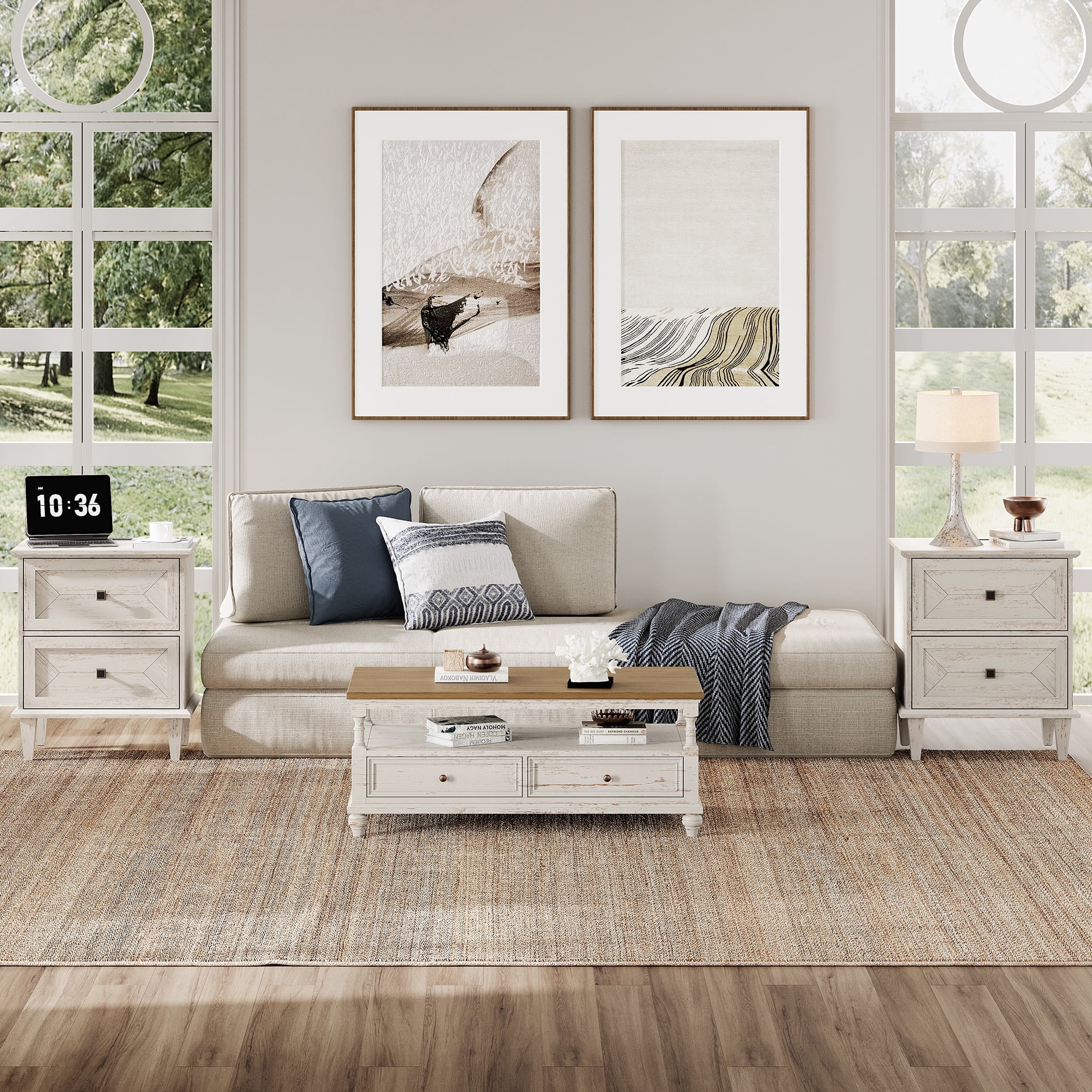 WAMPAT Night Stands Set of 2 with Charging Station, Rustic Farmhouse Bedside Tables with Drawers, White End Tables for Living Room Bedroom, Distressed White