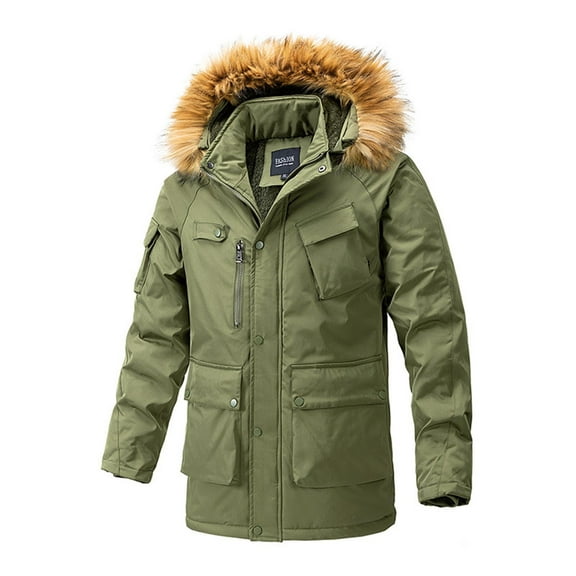 IYTR Men's Winter Thickened Down Coats Long Sleeve Hooded Puffer Coat Thicken Cotton Warm Parka Hooded Jacket (Army Green,XXXL)