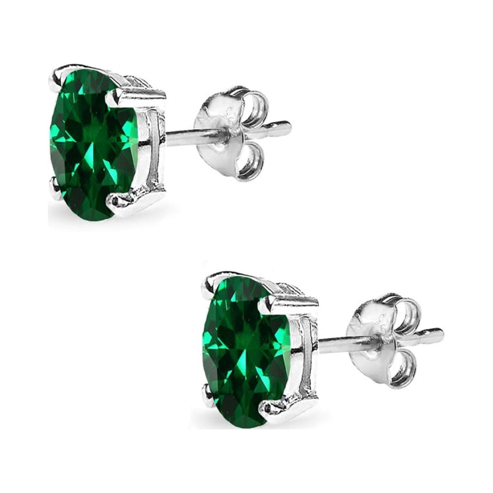 Simulated Emerald 6x4mm Oval-Cut Solitaire Sterling Silver Stud Earrings