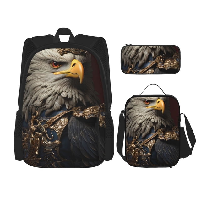 Balery Noble Style Bald Eagle Mochila escolar 3 en 1 para niños: mochila resistente con lonchera térmica y estuche para lápices. Mochila escolar para niños y niñas.