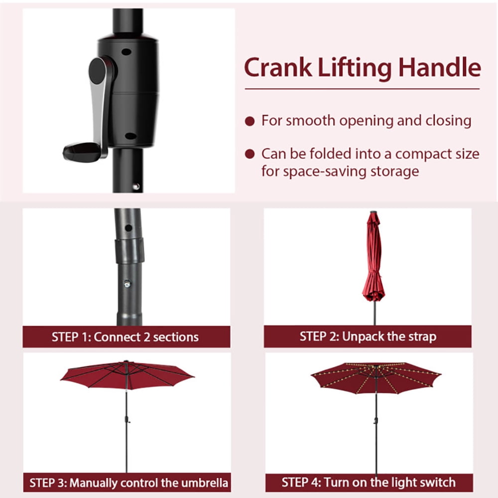 Aimee Lii 10 Feet Patio Umbrella with 112 Solar Lights and Crank Handle, Sunbrella Patio Umbrellas, Red