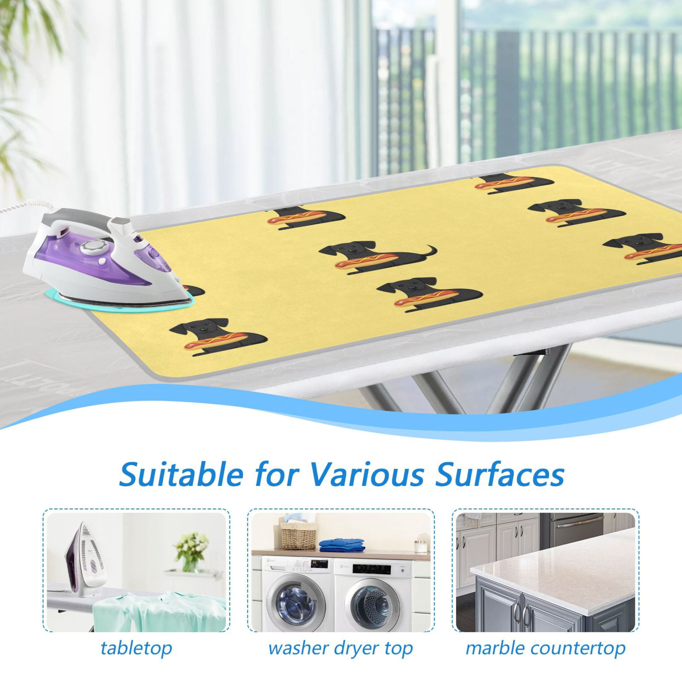 Cute Dog with Hot Dog Ironing Mat Blanket for Table Top Travel Portable Ironing Board Pad 47.2x27.6 Inch