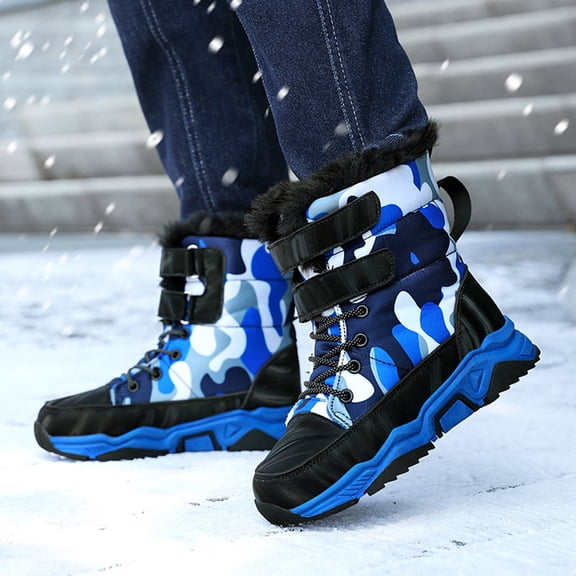 Hpapadks Snow Boots for Boys Thick Soled Plus Velvet Warm Snow Shoes Outdoor High Top Fashionable Velvet Snow Shoes Winter Boots for Boys Blue
