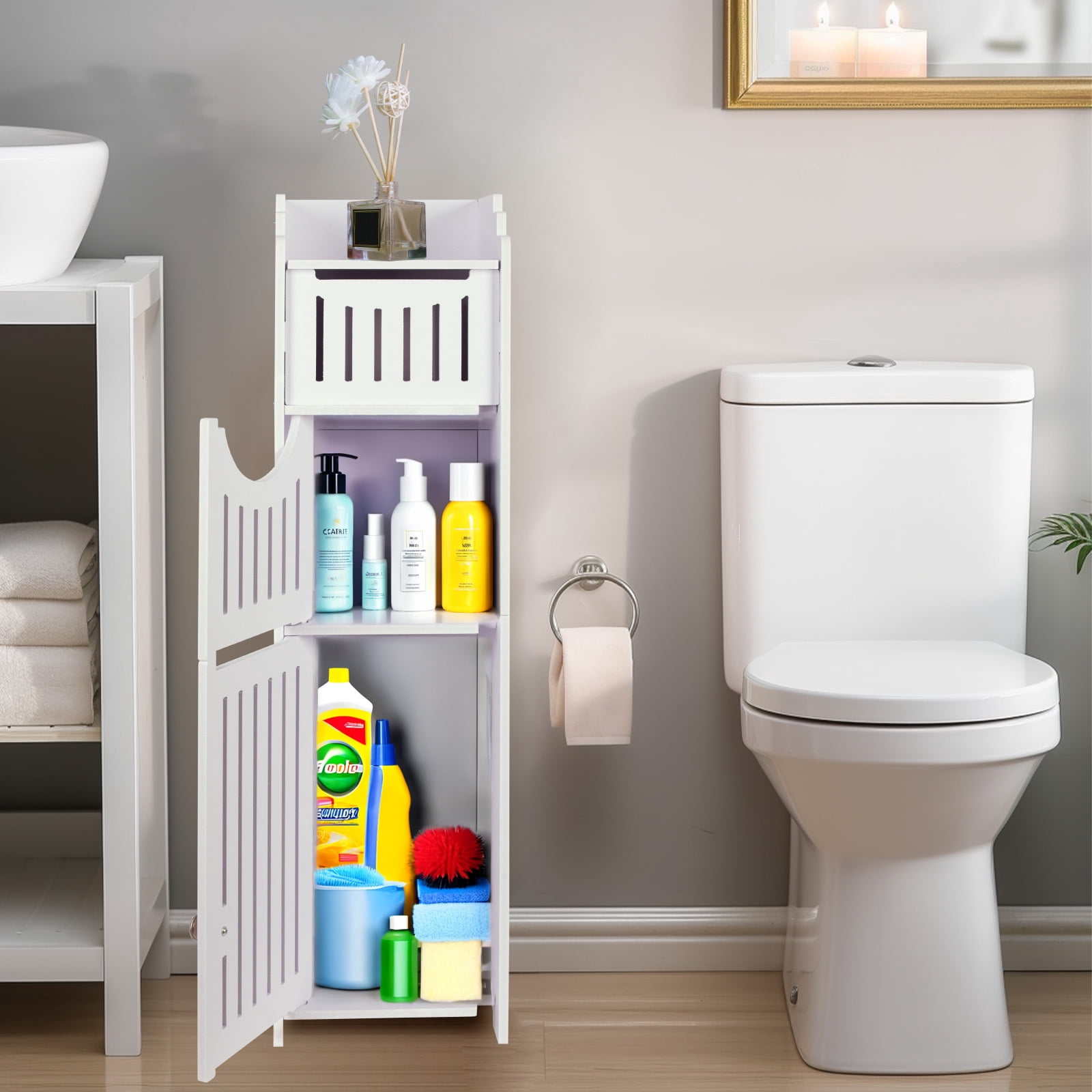 YOYTOO Bathroom Storage Cabinet with 2 Doors and 2 Shelves, Free Standing Toilet Paper Holders Stand Organizer for Small Spaces, White