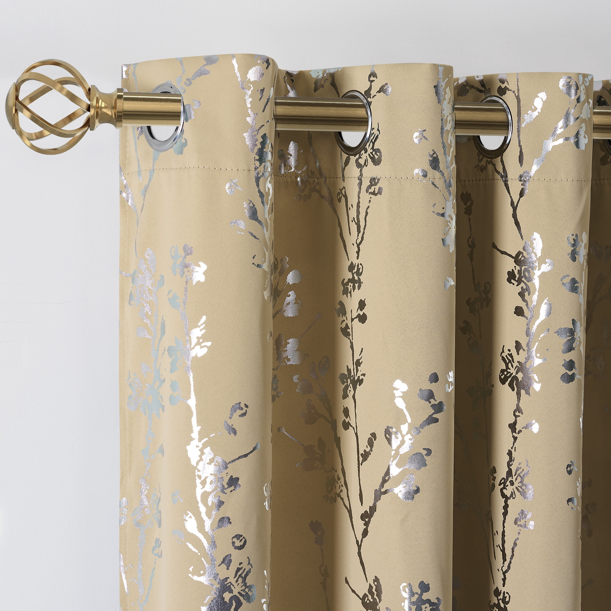 NICETOWN 100% Blackout Curtains for Bedroom, Noise Reducing Thermal Insulated Silver Branch Curtain, Grommet Blackout Curtains for Patio Sliding Glass Door 2 Panels, 52 x 63 Inch, Biscotti Beige)