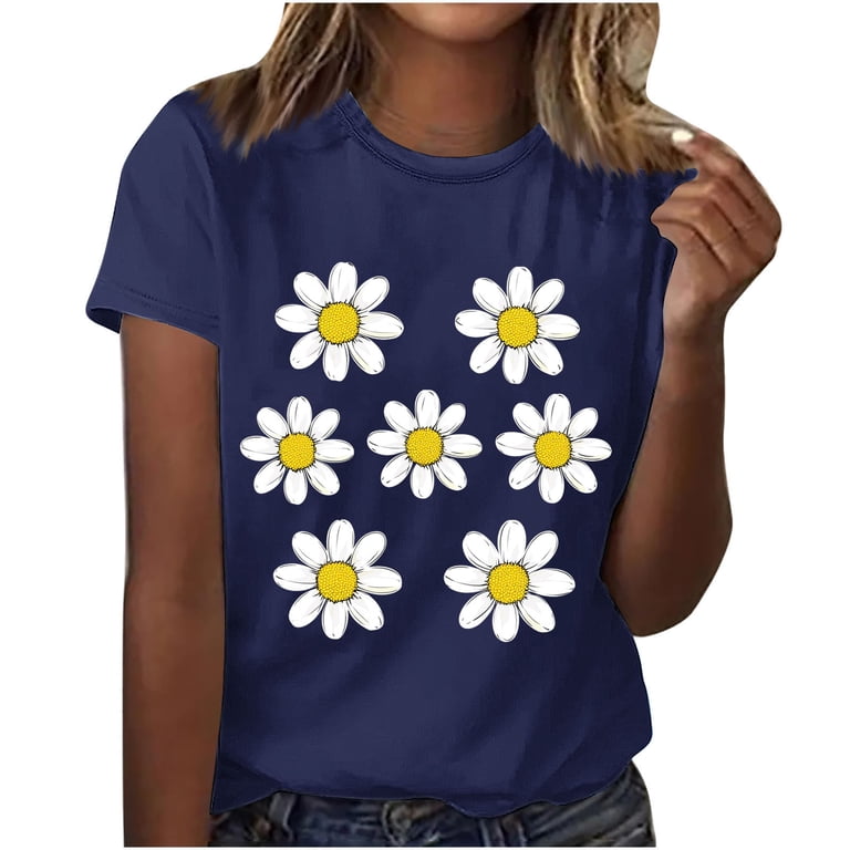 Women's Daisy Floral Tops Crewneck Short Sleeve Casual Summer