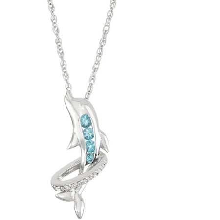 Blue Topaz and Created White Sapphire Sterling Silver Dolphin Jumping Through Hoop Pendant, 18