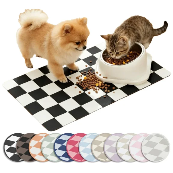 Checkered Cat Food Mat for Pet Dog Feeting Mats,Pet Feeding Mat for Floor Non-Slip Waterproof, Super Absorbent Cat Bowl Mat, Easy to Clean Eco-Friendly Durable Pet Placemat 19x12in
