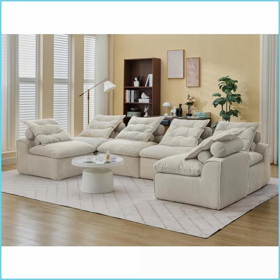 Modular 6-Seat Corduroy Sofa – DIY Armless Design for Small Apartments & Reading Nooks | Beige | Upholstered | Corduroy