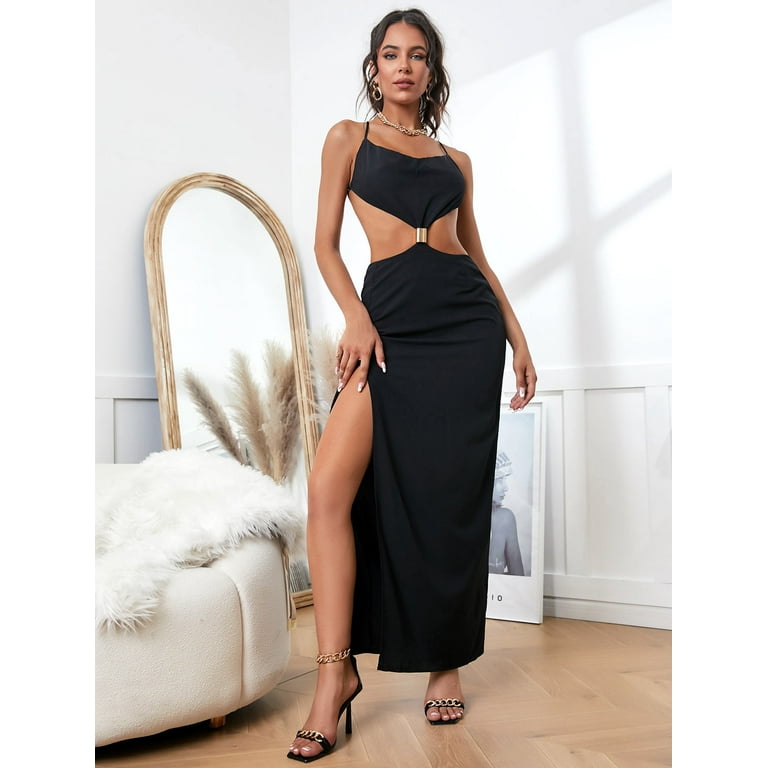 ZAFUL for Women Prom Dress or Cocktail Dress Evening Part Dress Cowl Front  Ring Cut Out Thigh Slit Maxi Dress Black L - Walmart.com