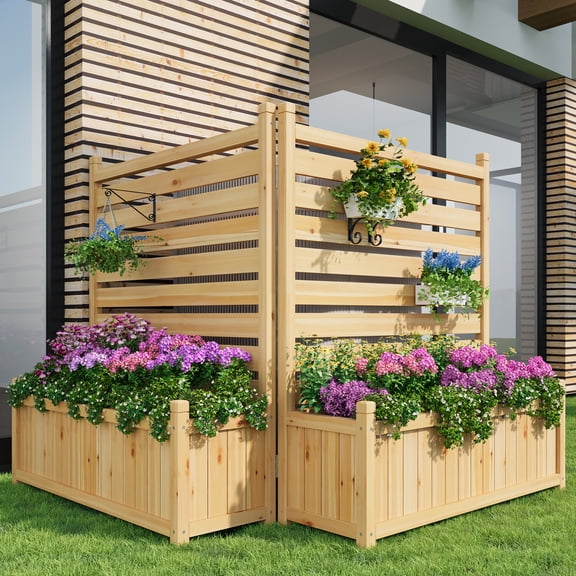 Outdoor Privacy Screen with Planter Box, 2-Pack Outdoor Air Conditioner Fence with Planter Box - Solid Wooden Privacy Fences for Decorative Garden & Patio Cover for Backyard